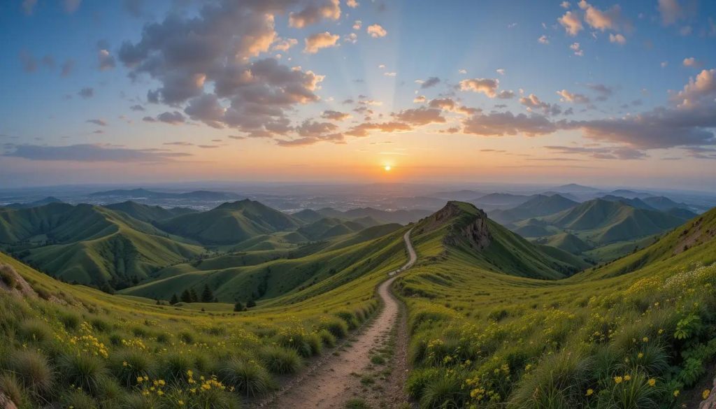 A panoramic image of a natural and spectacular Israeli landscape with a sunset over green hills, with a narrow path winding through the landscape.