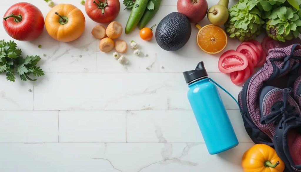 organized flat lay with fruits, vegetables, a water bottle, and workout gear to represent simple health habits.